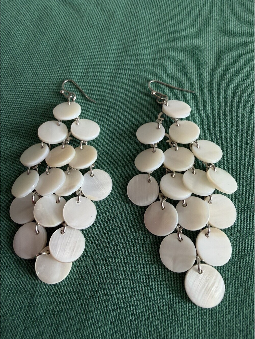 Boho Mother of Pearl Layered Shell Disc Dangle Earrings Silver Tone